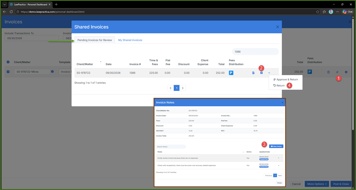 LawPractica Invoice Sharing for approval