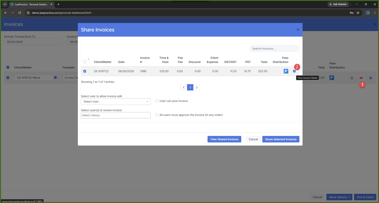 LawPractica Invoice Sharing - Return